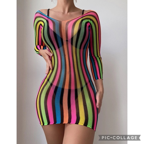 Y2K Beach Festival Striped Colorful Hollow Out Mesh Cover Up - Picture 4 of 6